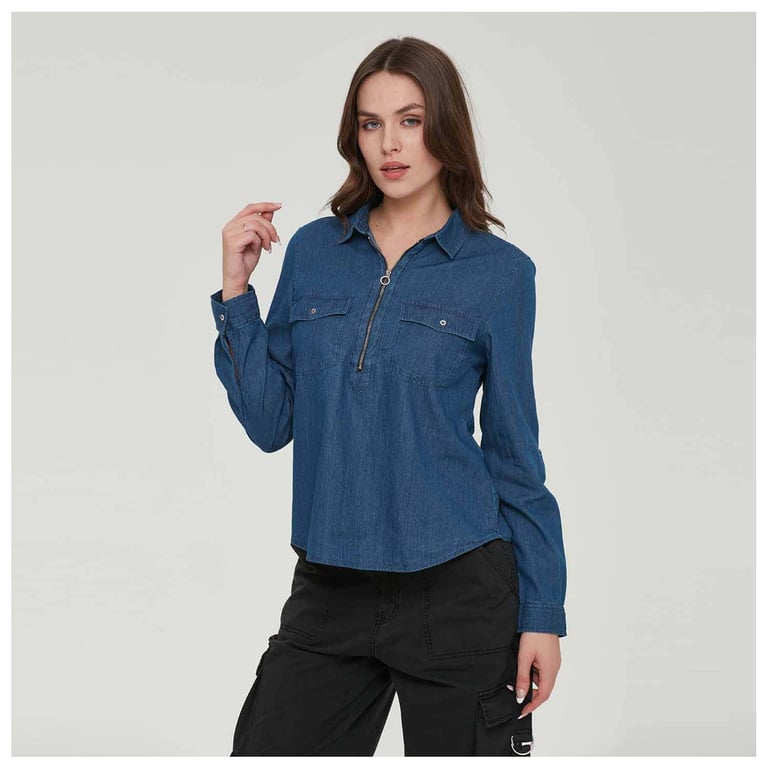 FASHION S PARK Blusa Mujer Cierre Bolsillo Azul Oscuro Fashion s Park falabella