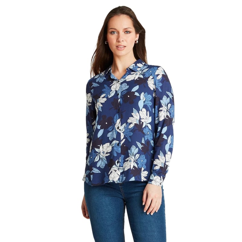 CURVI - Blusa Índigo Manga Larga Estampado Cuello Camisero CURVI
