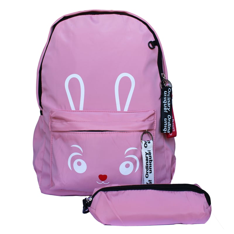 Mochila Escolar Kawaii Con Cara De Conejo Estuche color rosa