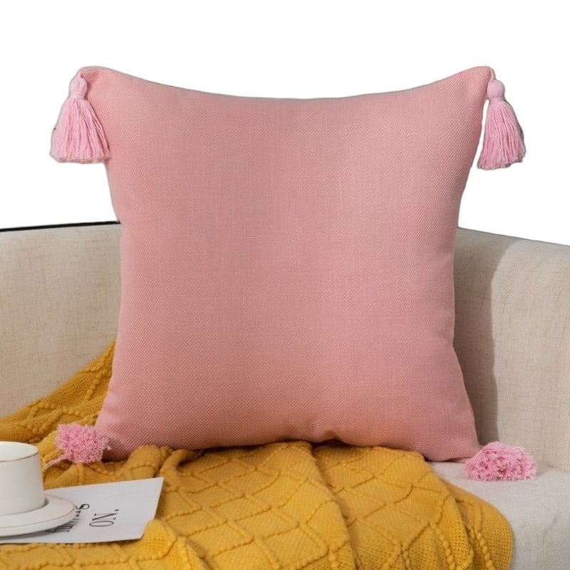 GENERICO - Set 2 Fundas Para Cojin Medida 45x45cm De Lino Con Flecos - Rosa