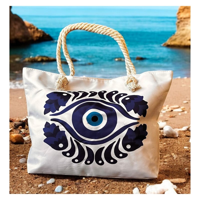 AUCKLAND OUTDOOR Bolso Playa Lona Algodon Blanco Con Cierre y Bolsillo falabella