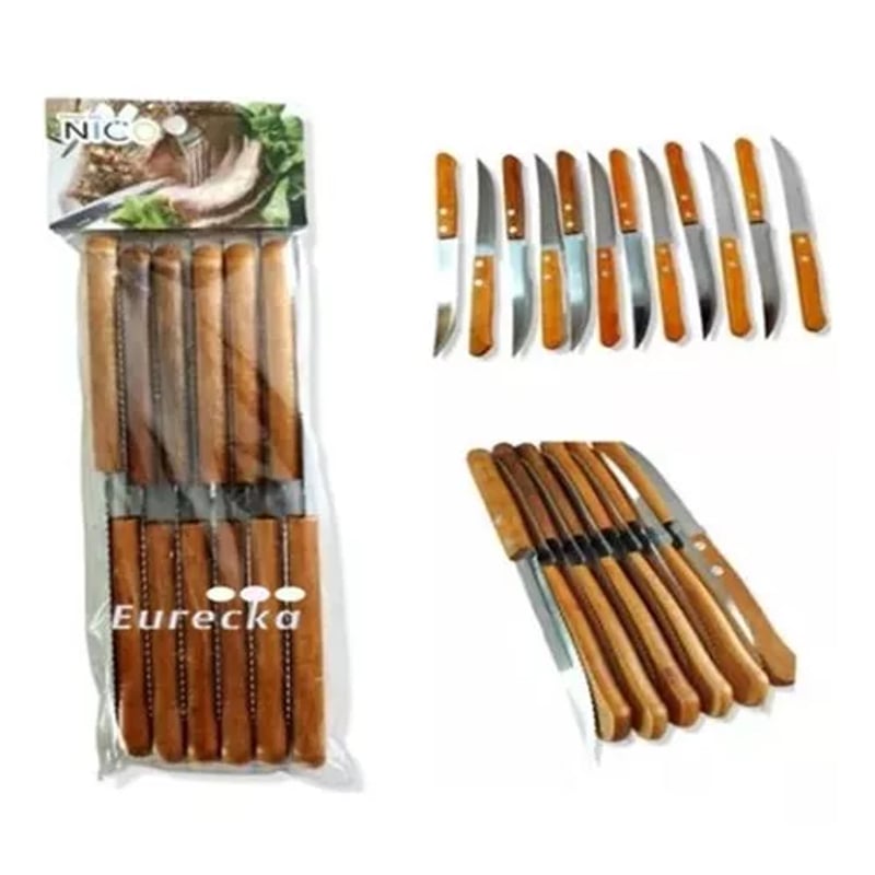 Lot De 6 Couteaux De Table Celaya – Manche Plastique Façon Nacre Marron, Lame Inox, Neufs