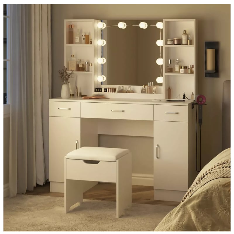 HOMER DESIGN Tocador Con Espejo Y Luces Con Taburete Cajones