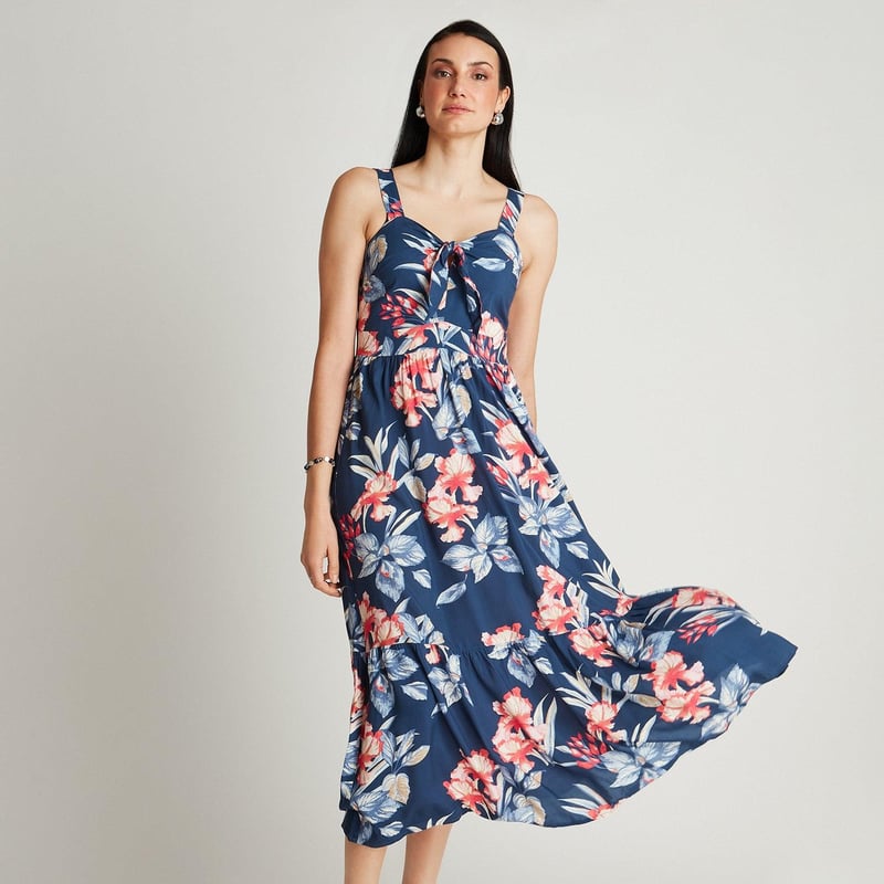 Vestido Maxi Azul con Estampado en Hojas main image 0