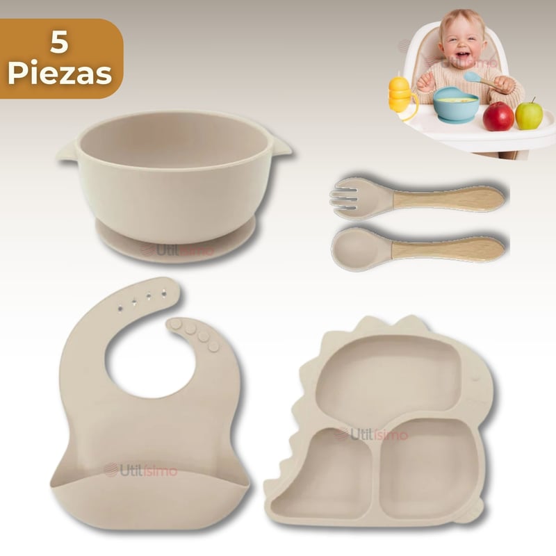 UTILISIMO - Set Alimentación Bebé Silicona 5 Piezas Dinosaurio Libre BPA