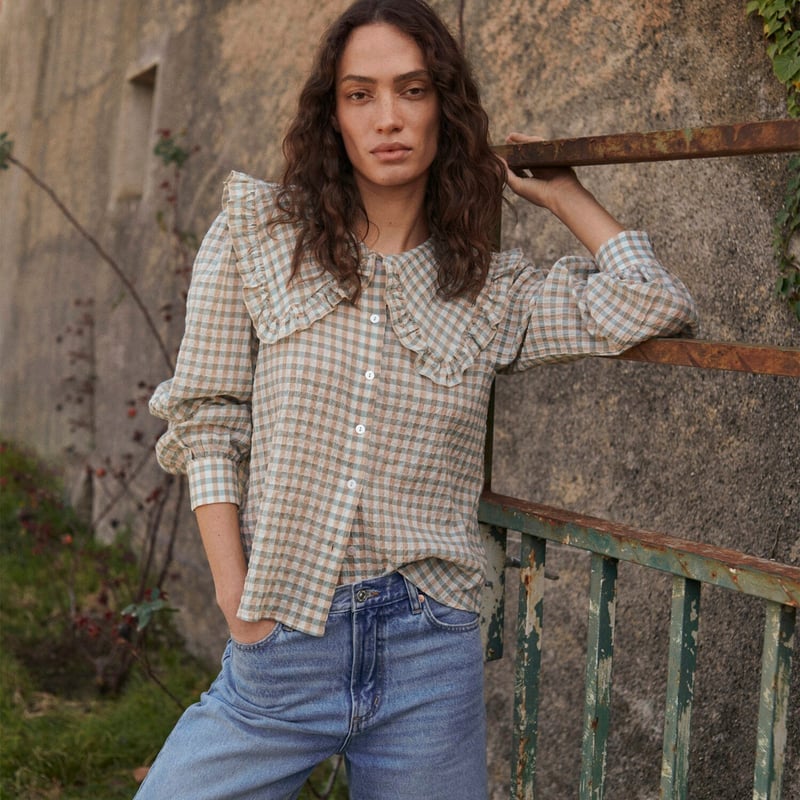 MANGO Blusa Algodon Cuello Babydoll Cuadro Vichy Mujer falabella