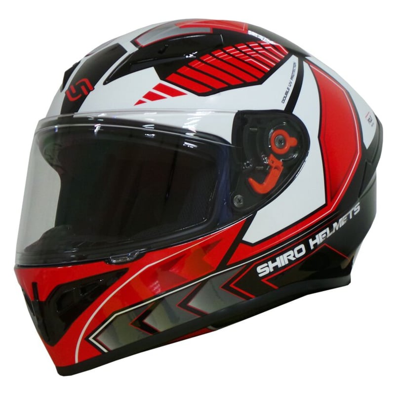 Casque Intégral Shiro SH-667 Faster - Blanc Et Rouge, Avec Lunettes Solaires - Homologué 22.06