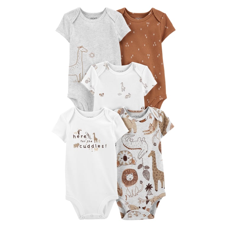 Pack De 5 Bodis De Manga Corta Para Bebé – Algodón Suave, Etiquetas Estampadas, Botones Sin Níquel | Básicos Cómodos Y Seguros Para El Recién Nacido