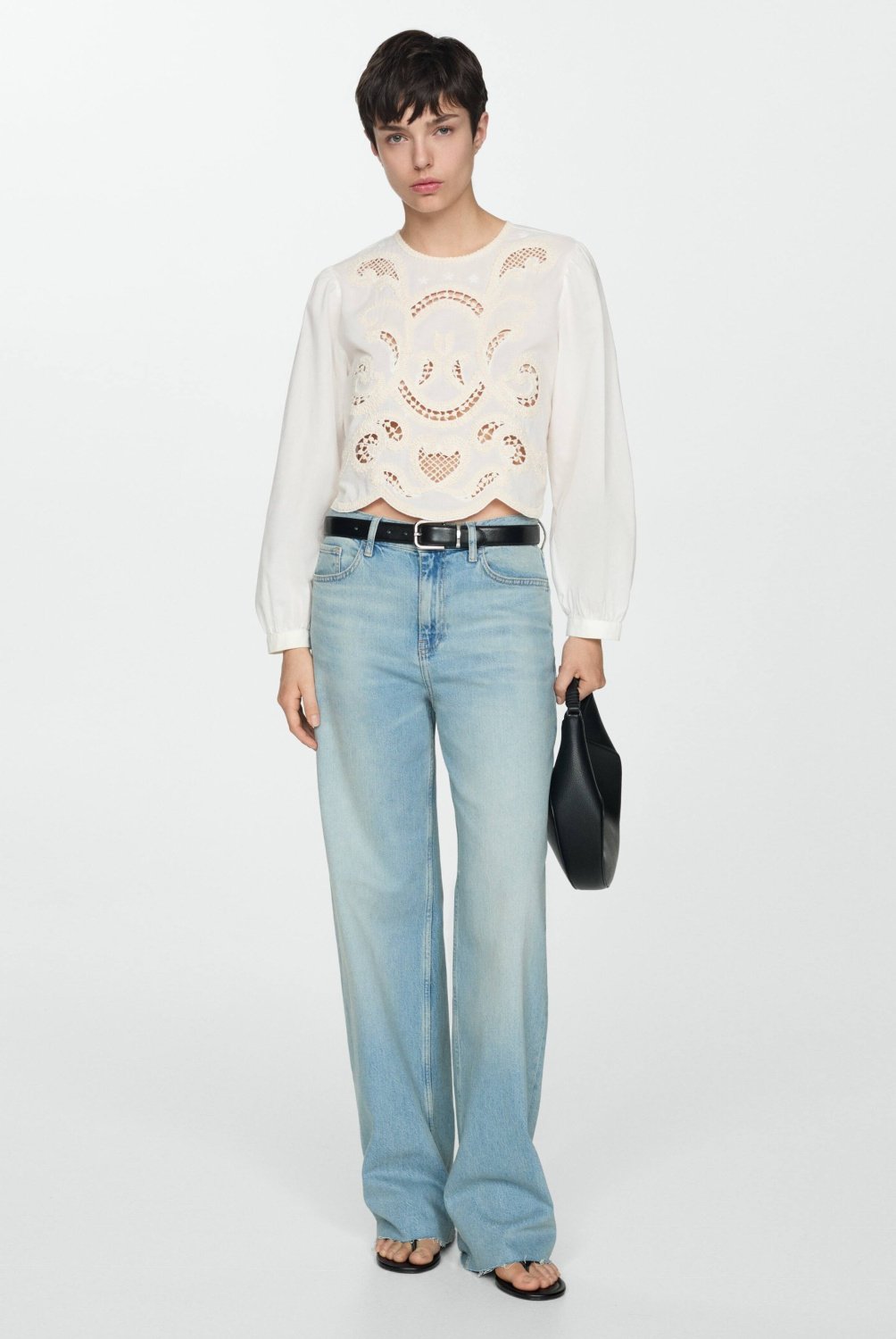 Blusa Bordada Manga Abullonada Mujer Mango