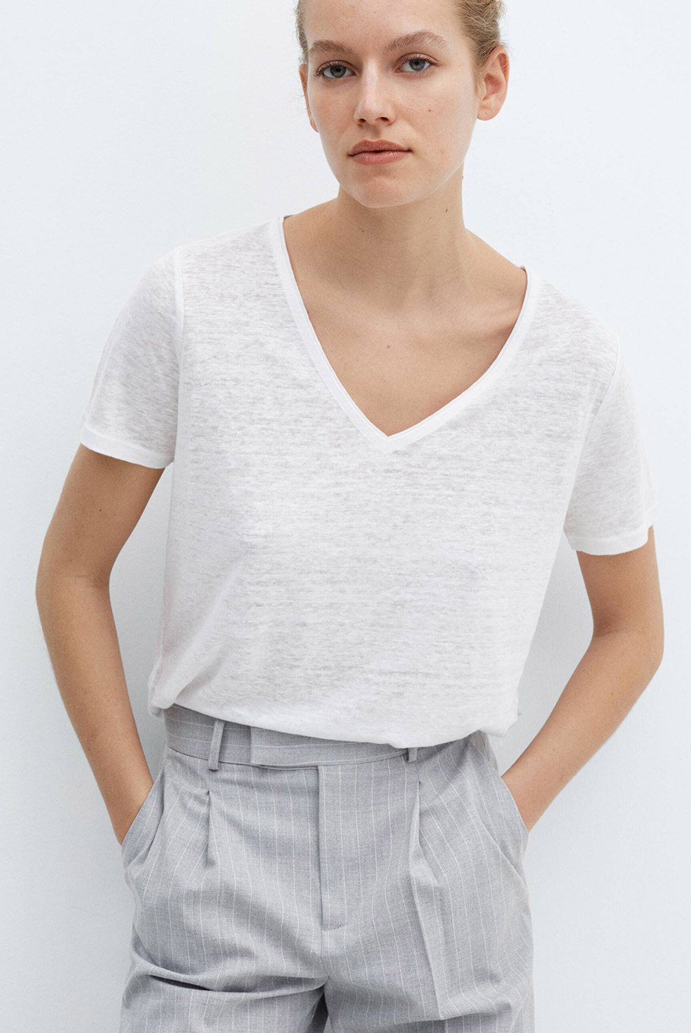 MANGO Polera Lino Cuello Pico Mujer Mango falabella