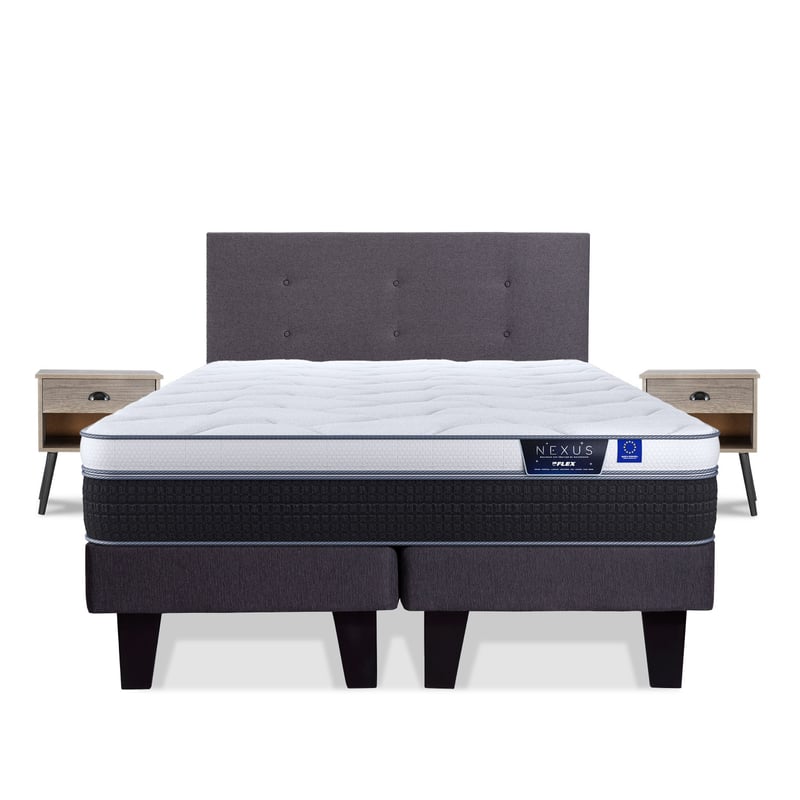 FLEX - Cama Europea Nexus King + Respaldo Royal Grafito + 2 Veladores Rock Flex