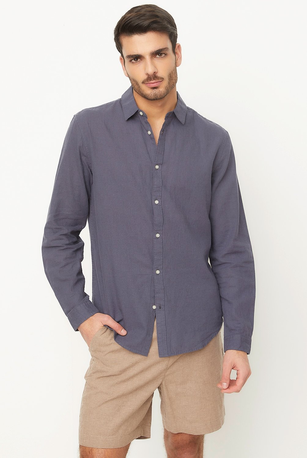 BASEMENT - Camisa Manga Larga Casual Lino Hombre Basement