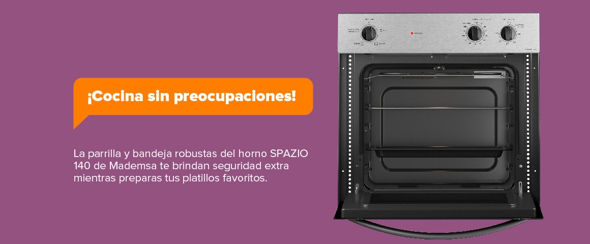 ¡Cocina sin preocupaciones! La parrilla y bandeja robustas del horno SPAZIO 140 de Mademsa te brindan seguridad extra mientras preparas tus platillos favoritos.