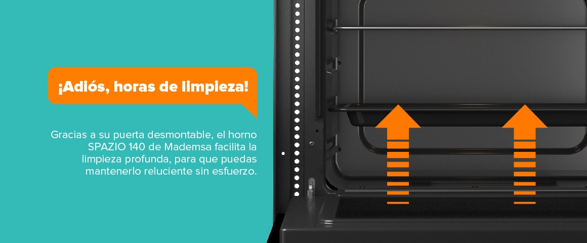 ¡Adiós, horas de limpieza! Gracias a su puerta desmontable, el horno SPAZIO 140 de Mademsa facilita la limpieza profunda, para que puedas mantenerlo reluciente sin esfuerzo.