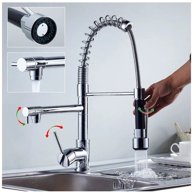 Griferia lavaplatos espiral industrial doble poceta de 60cm altura para isla