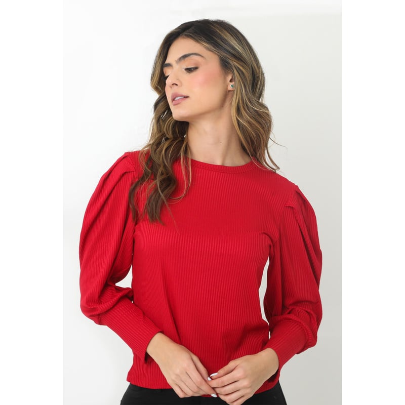 Camiseta Roja Con Volumen En Manga Larga Para Mujer Belife.