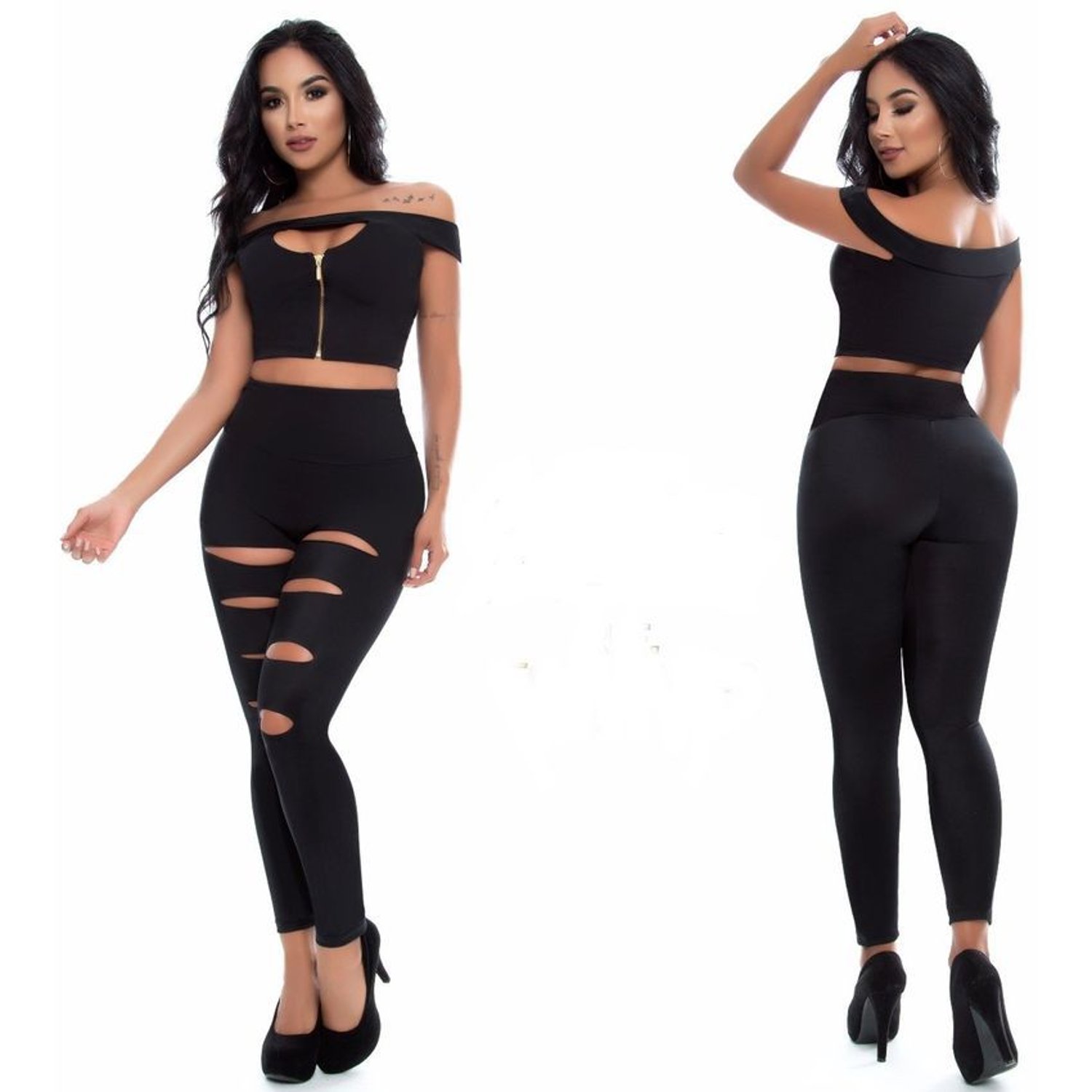 Leggins talle alto negro para mujer con rotos frontales en piernas