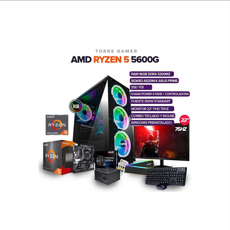 Pc Gamer Ryzen 5 5600G /16Gb Ram/ SSD 1TB /Board A520M-K ASUS PRIME ...