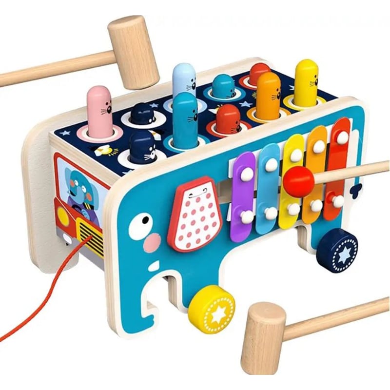HYAKIDS Juguetes Montessori de Madera, Juguetes de Martillo, Banco Martillo con Xilofono, Juego de Pesca, Golpear Topo, Regalo para Niños Niñas 18 Meses
