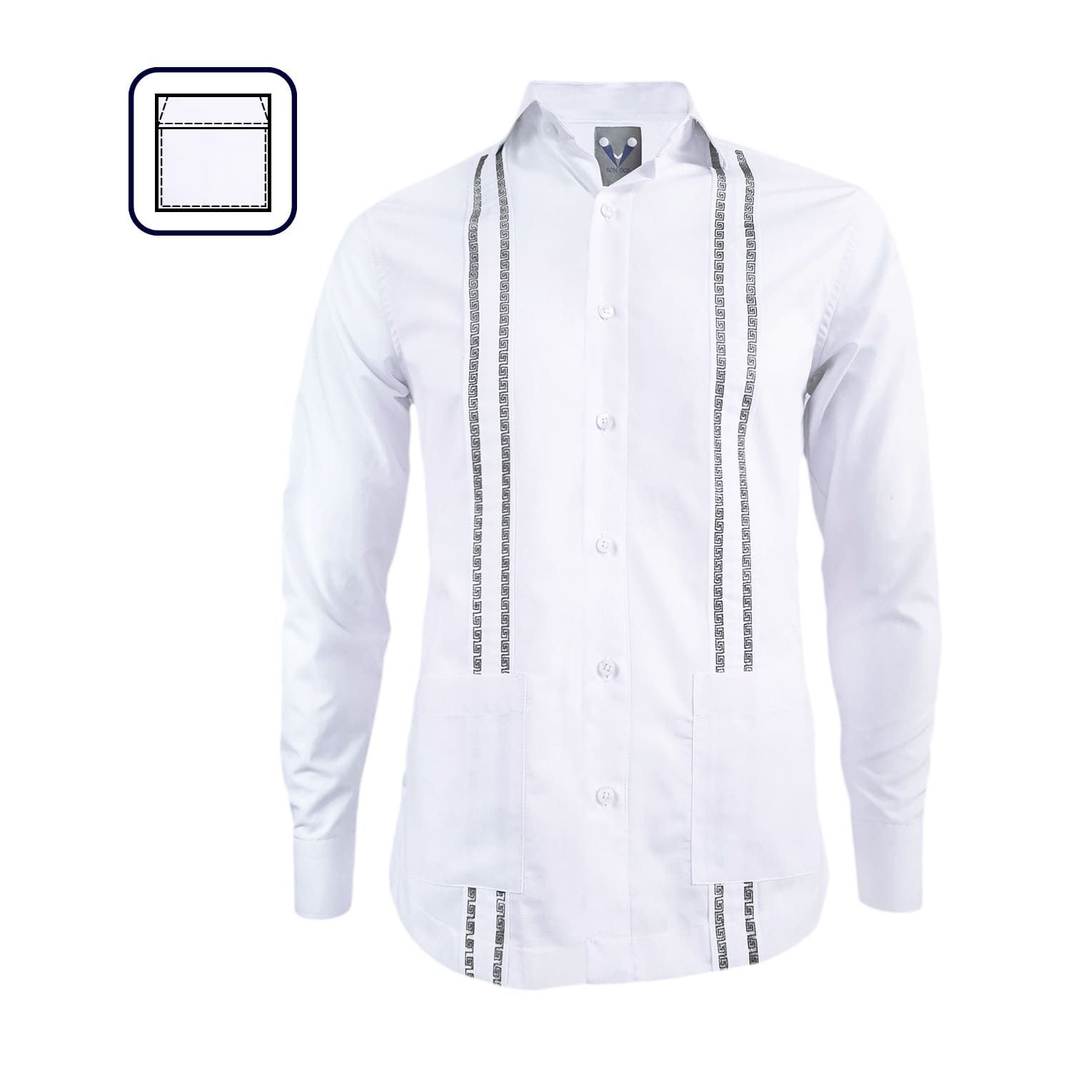 Camisa guayabera blanca bordada negro dos bolsillos manga larga hombre