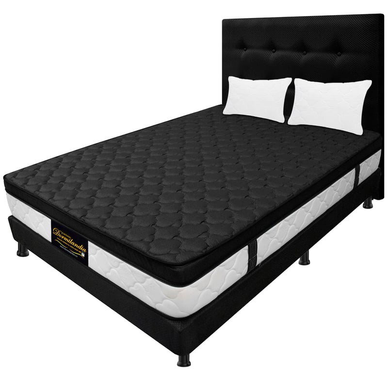 DORMILANDIA - Combo Colchón Negro King  Resortado Dublín Base Cama Dividida Cabecero Almohadas