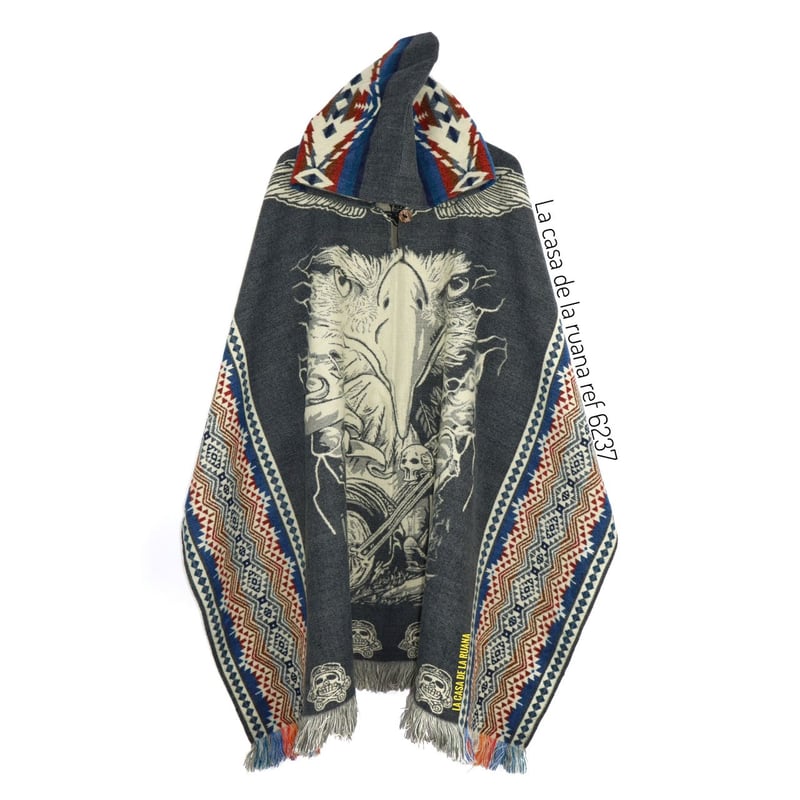 GENERICO - Maxi ruana poncho lana alpaca con capota diseño de águilas