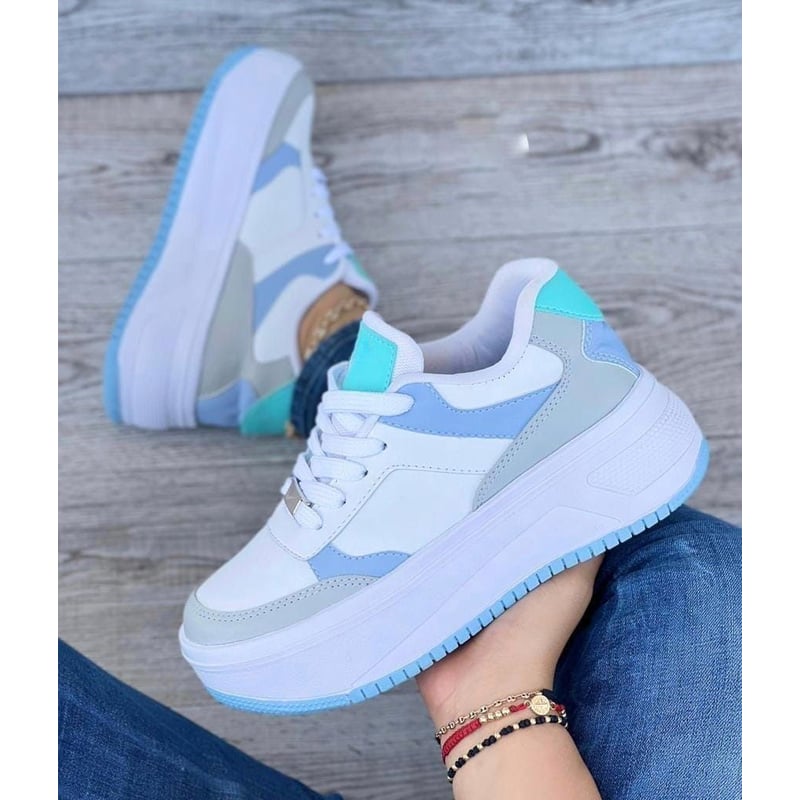 Tenis Blanco Azul Dama Zapatillas Zapatos Mujer Lindos Moda Casual