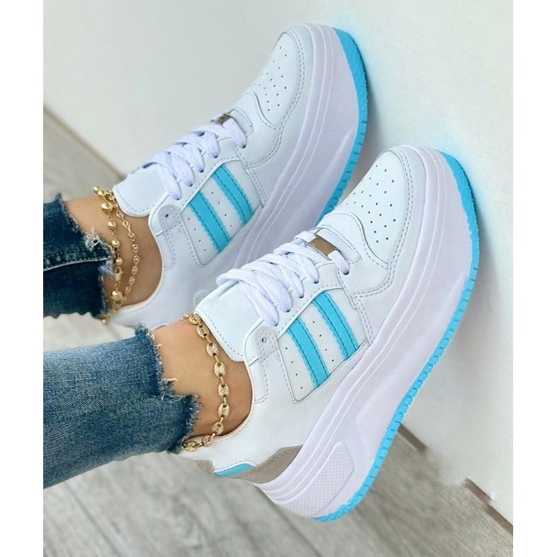 Tenis Blanco Turquesa Dama Zapatillas Zapatos Mujer Lindos Moda Casual