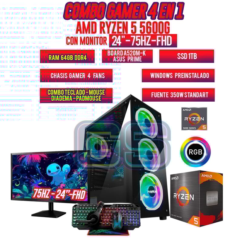 PC GAMER R5 5600G/ MONITOR 24" FHD 75HZ/ 64GB RAM/ SSD 1TB/ COMBO GAMER ...