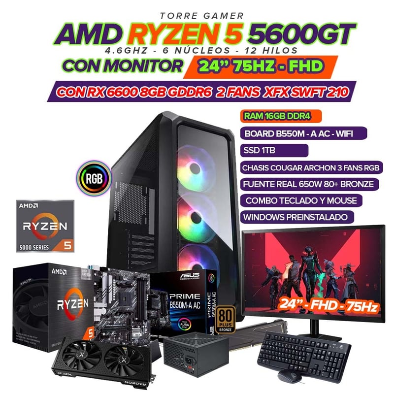 PC GAMER AMD R5 5600GT - GRAFICA RX 6600 8GB MONITOR 24