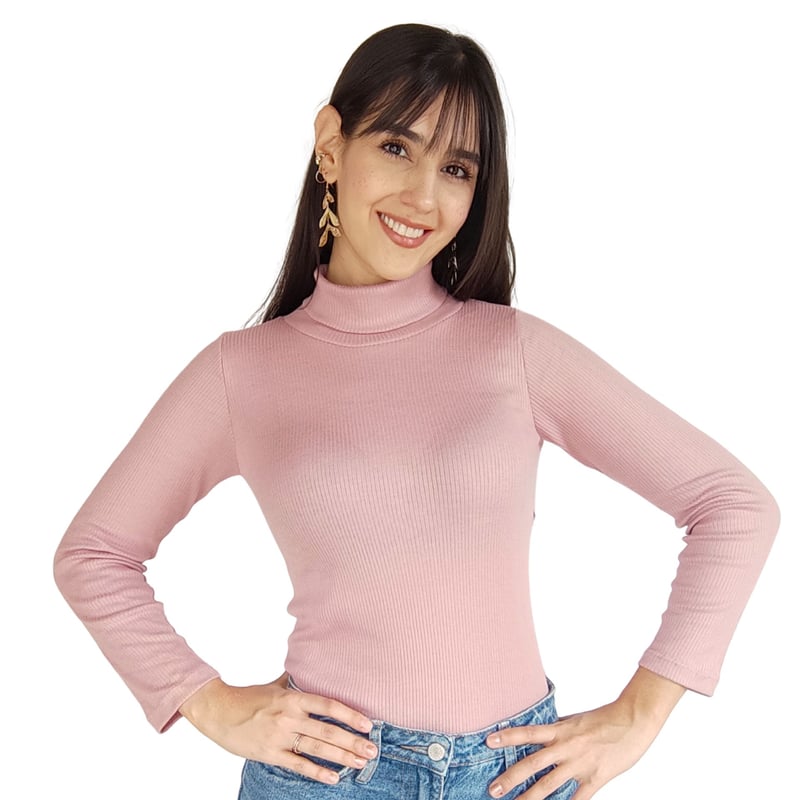 Blusa Rosada Cuello Tortuga Manga Larga Acanalada