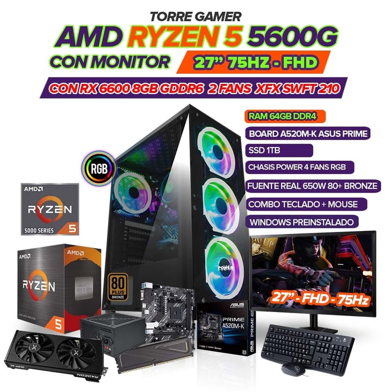 PC GAMER RYZEN 5 5600G/ GRAFICA RX6600 8GB/ MONITOR 27" FHD/ RAM 64GB ...