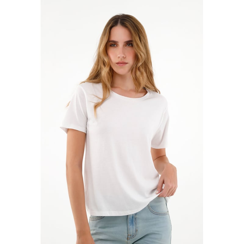 Camisa blanca cuello redondo mujer sale