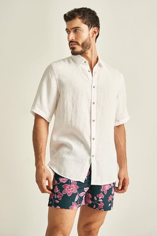 Camisa De Lino De Manga Corta Para Hombre – Estampado Azteca – Tejido Natural De Algodón – Estilo Étnico Y Vintage – Beige Con Cierre De Botones – Ideal Para Verano