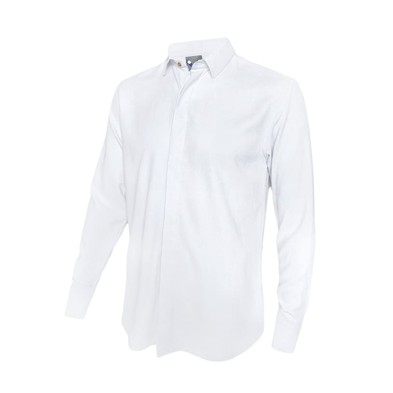 Camisa con botones escondidos blanca 100 lino manga larga hombre