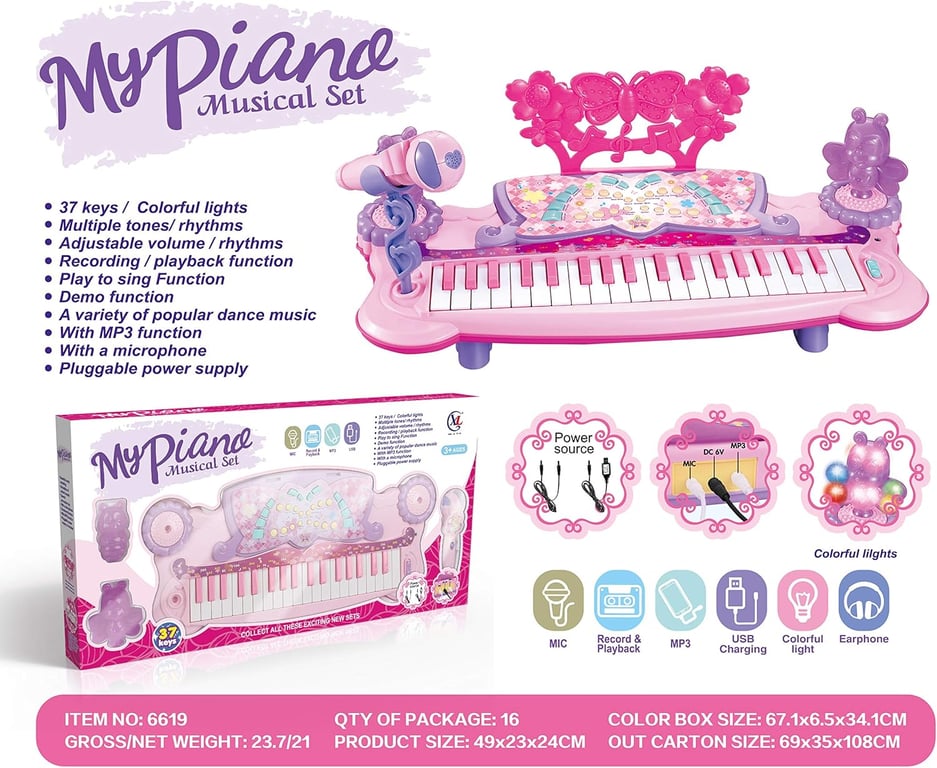 Piano rosa de 37 teclas para niños, juguete musical para niñas de más