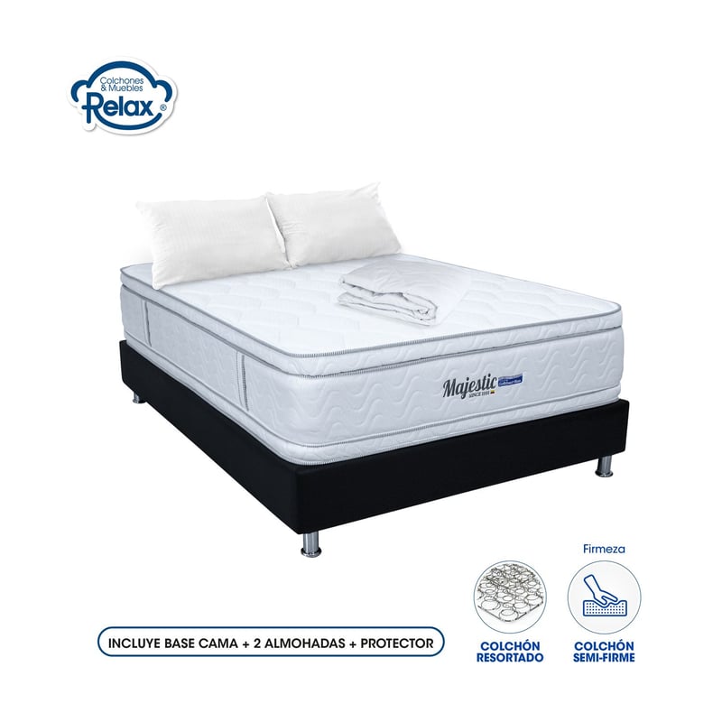 COLCHONES RELAX - Colchón con Base Cama Queen Firmeza Media Ortopédico Doble Pillow Resortado Majestic 160 x 190 cm + 2 Almohadas + Protector Colchones Relax