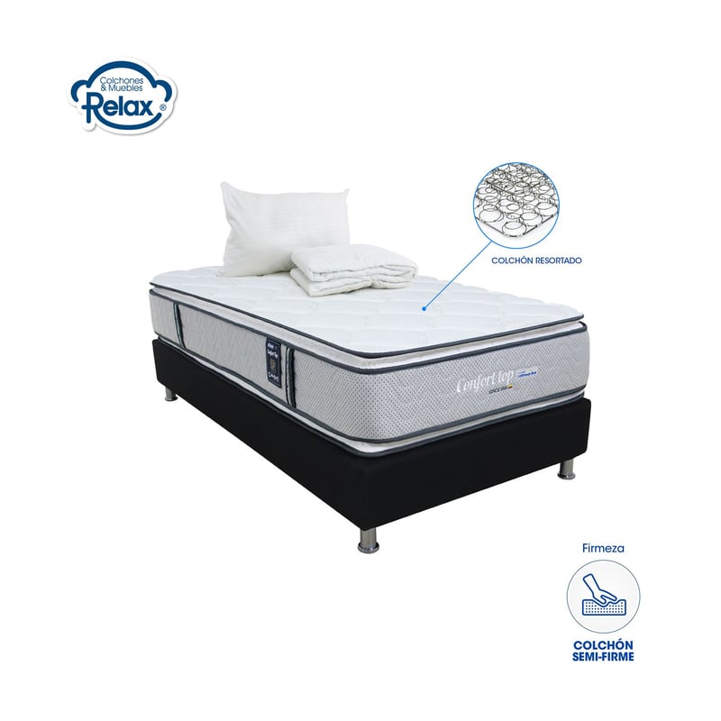 COLCHONES RELAX - Colchón con Base Cama Sencillo Firmeza Media Ortopédico Doble Pillow Resortado Confort Top 100 x 190 cm + Almohada + Protector Colchones Relax