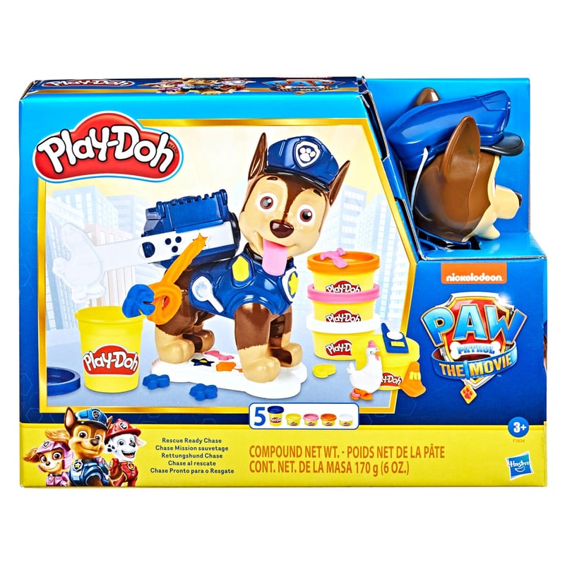 PLAY DOH - Chase Al Rescate Paw Patrol Play Doh, Incluye figura grande de Chase, accesorio Chickaletta y 5 latas de masa para moldear. (A partir de 3 años)