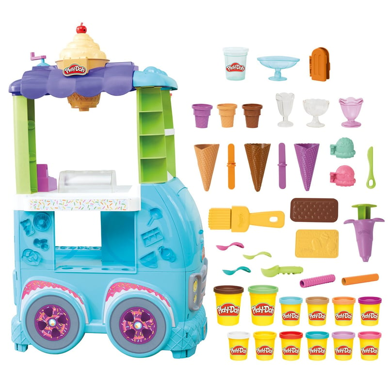 PLAY DOH - Kitchen Creations Camión de Helados. Incluye máquina de helados, 27 herramientas, 12 latas de masa para moldear. (A partir de 3 años). Requiere pilas