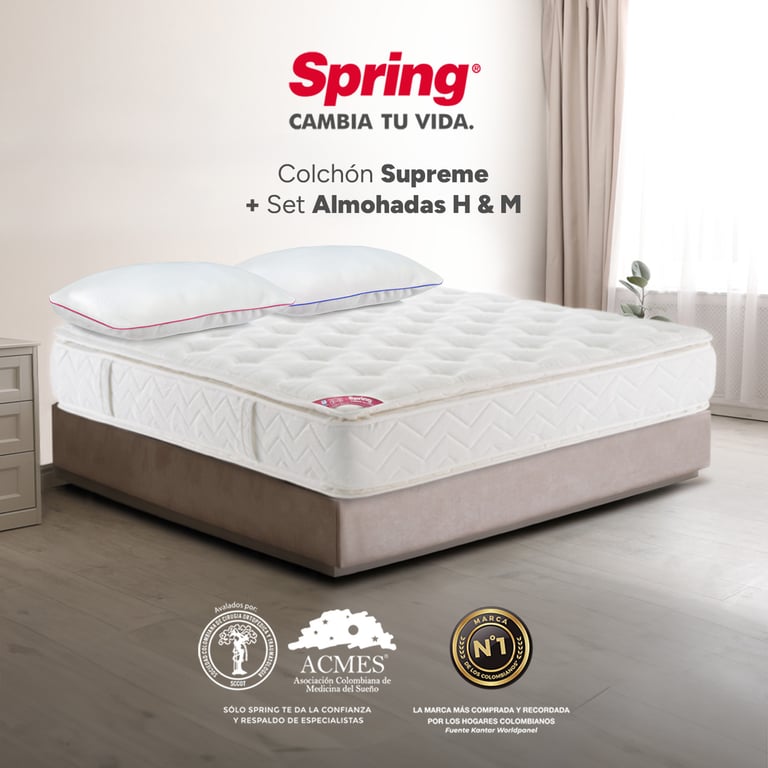 Colchón Semidoble Firme Ortopédico con Doble Pillow Resortado Supreme 120 x 190 cm + Almohada Colchones Spring
