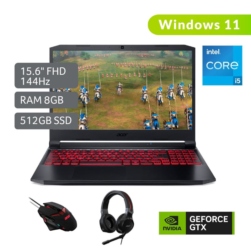 ACER - Portátil Gamer Acer Nitro | GeForce GTX 1650 | Intel Core i5 | 8GB RAM | 512GB SSD Almacenamiento | Windows 11 | 15.6 pulgadas | AN515-57-577U | Computador Portátil + Game Pass