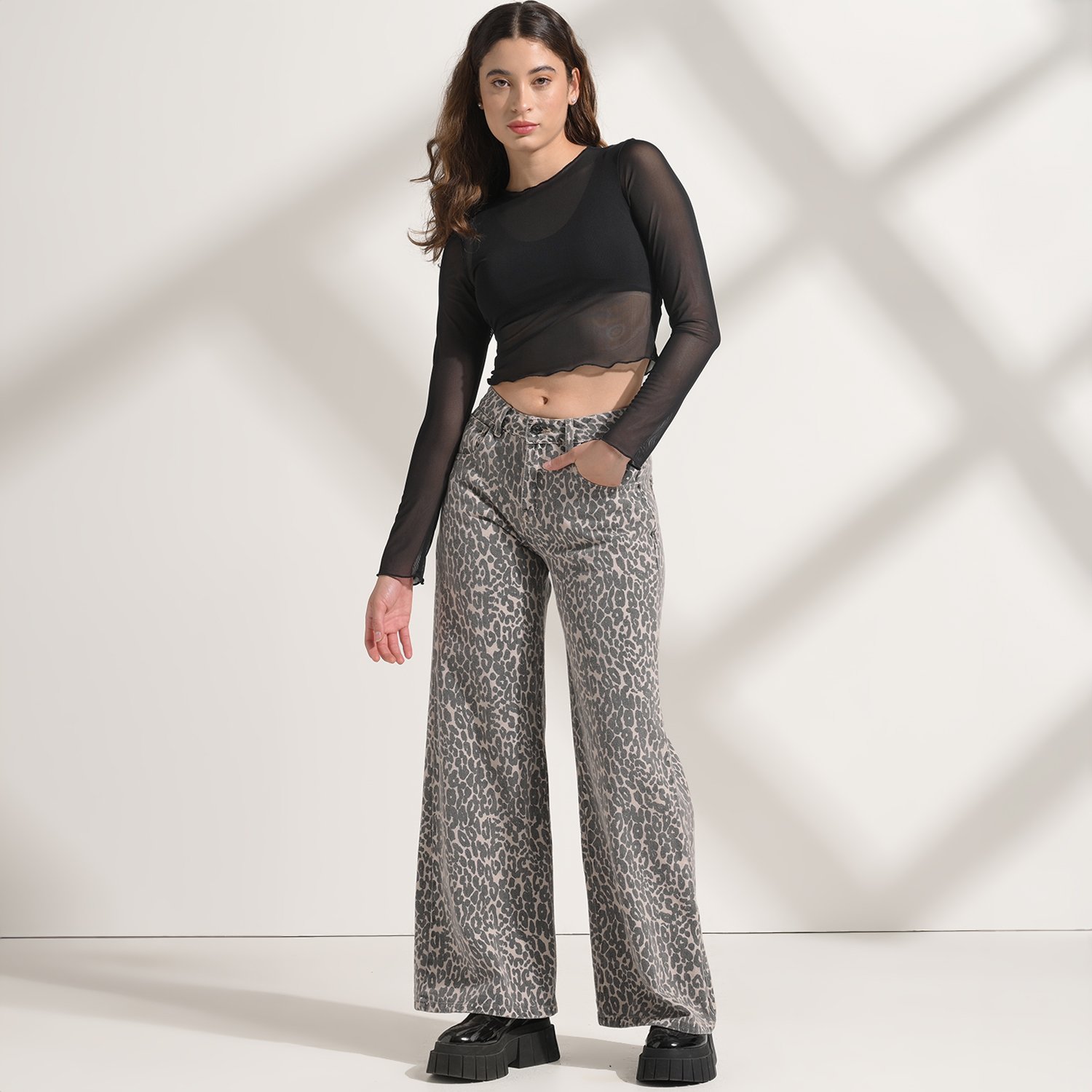 Jean Wide Leg Mujer Tiro medio Animal print Sybilla