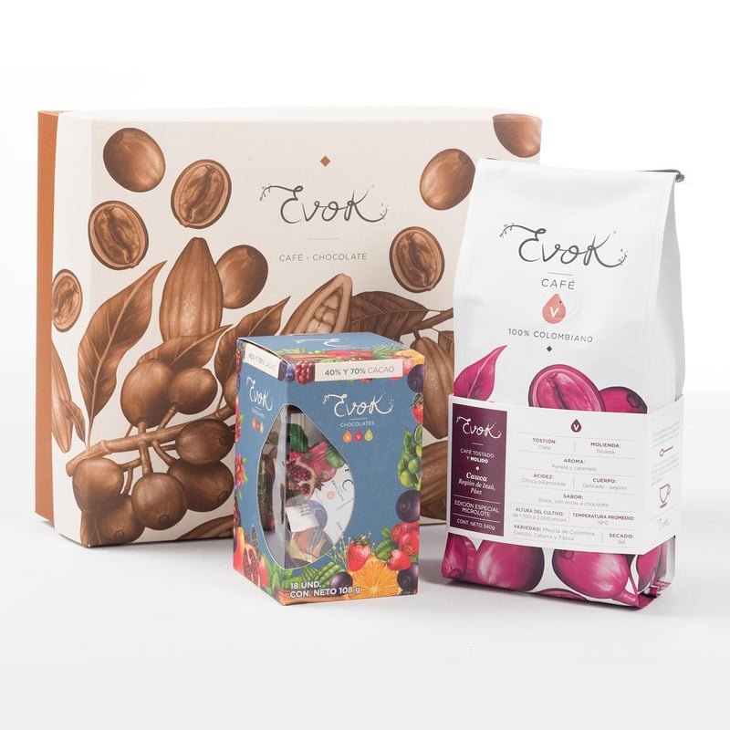  - Kit Café Tostado - Molido Tostado Evok 340G + Mini Barras de Chocolate al 40 y 70% Cacao 18 Und