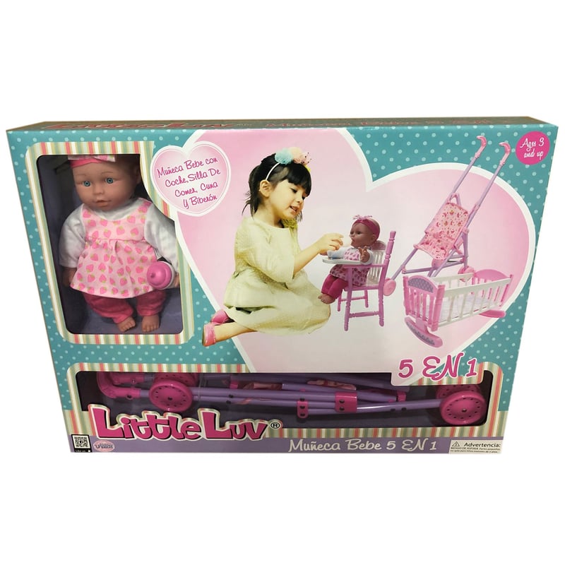 UNEEDA - Muñeca Bebé 5 en 1 Little Luv, a partir de 3 años, Incluye (muñeca, coche, silla de comer, cuna y biberón)