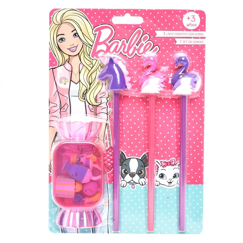 Barbie - Set de Lápices y Gomas