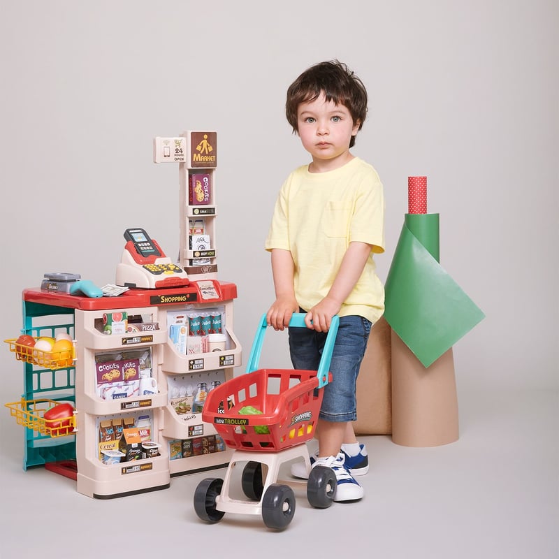  - Supermercado de Juguete, incluye (caja registradora de juguete, carrito de mercado de juguete, estanterías con mercado de juguete), a partir de 3 años