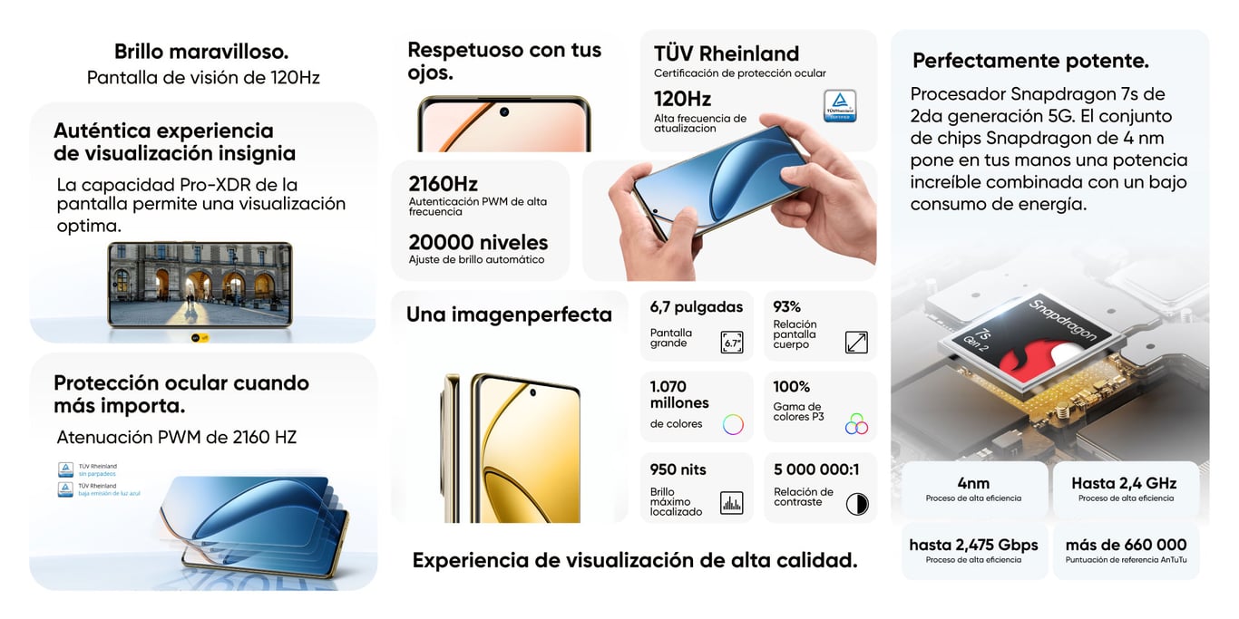 snapdragon 7s segunda generacion, pantalla 120Hz,  Proteccion ocular, 6,7 pulgadas, pantalla pro-XDR