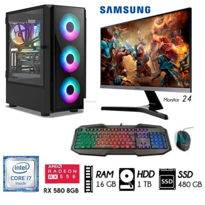 INTEL - Computadora PC Gamer Core I7 Ram16GB HDD1TB+SSD 480GB Video RX 580 8GB Monitor24