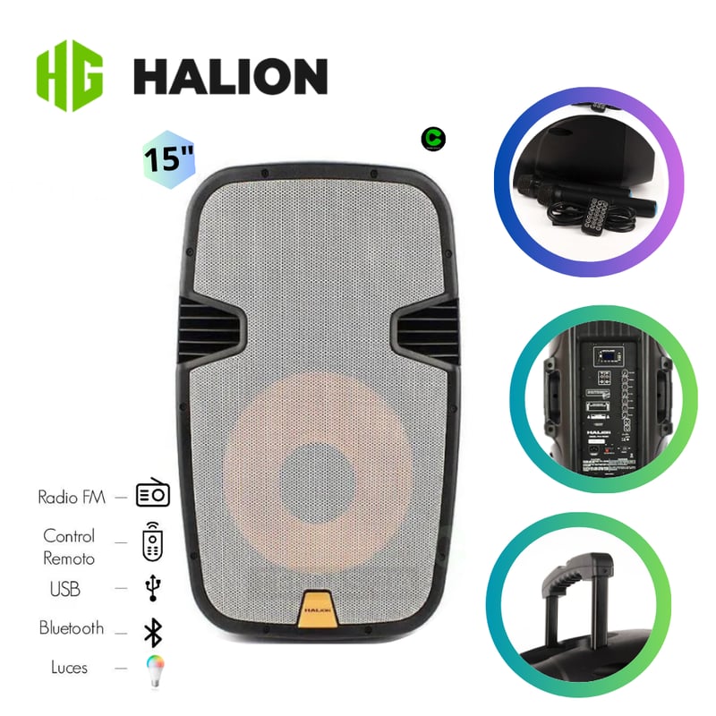 HALION - Parlante Activo Halion 15" Recargable PHA-15MB 2000W Led 2 Micrófonos